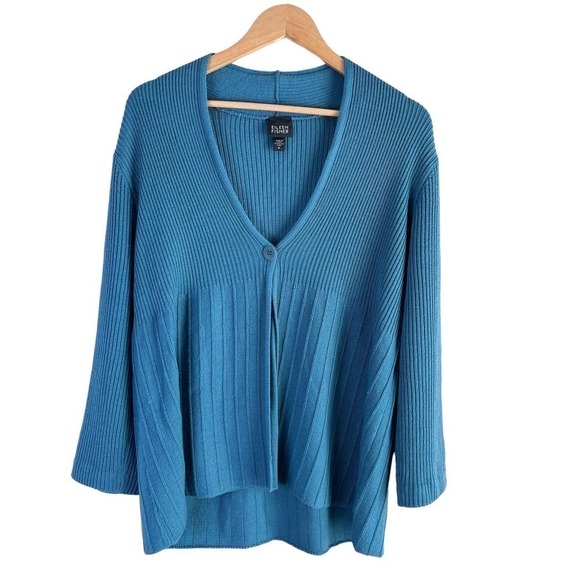 Eileen Fisher Merino Wool Ribbed Single‎ Button Cardigan in Teal, Size Medium - Picture 1 of 12